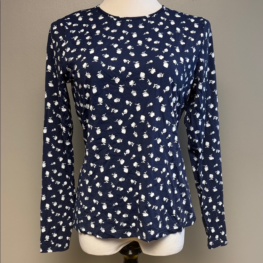 Lands’ End Navy Floral Stretch Long Sleeve Top Size S